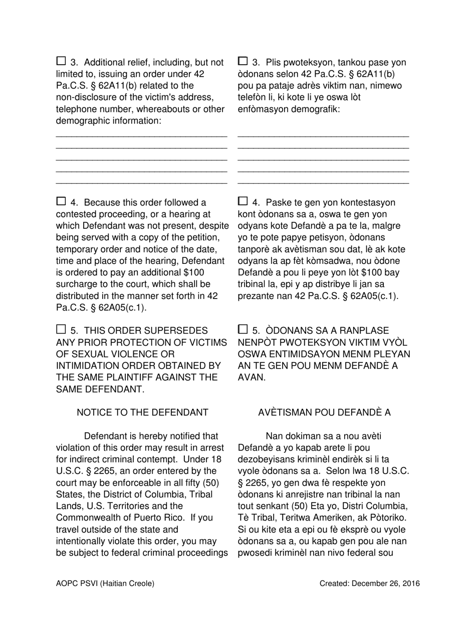 Final Order for Protection of Victims - Pennsylvania (English / Haitian Creole), Page 4
