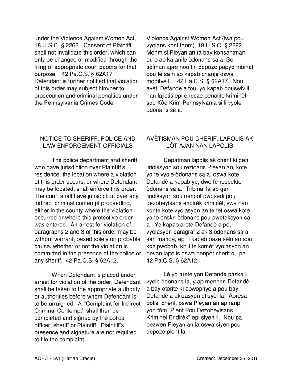Final Order for Protection of Victims - Pennsylvania (English / Haitian Creole), Page 5