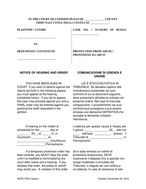 Notice of Hearing and Order - Pennsylvania (English / Italian) Download Pdf