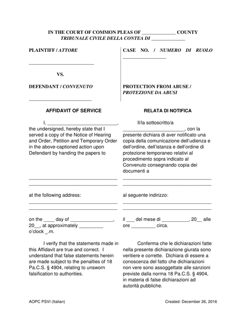 Affidavit of Service - Pennsylvania (English / Italian) Download Pdf