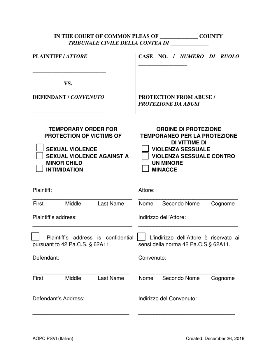 Temporary Order for Protection of Victims - Pennsylvania (English / Italian), Page 1