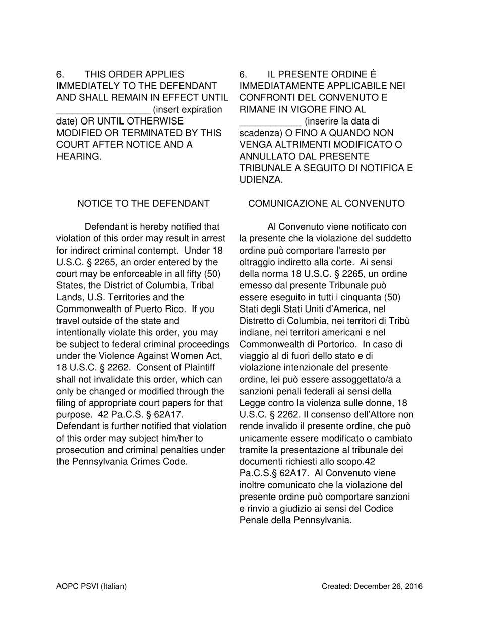 Temporary Order for Protection of Victims - Pennsylvania (English / Italian), Page 4