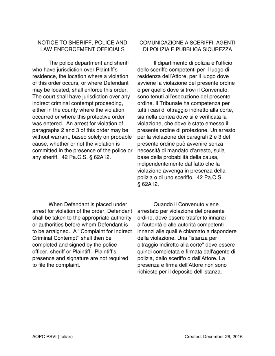 Temporary Order for Protection of Victims - Pennsylvania (English / Italian), Page 5