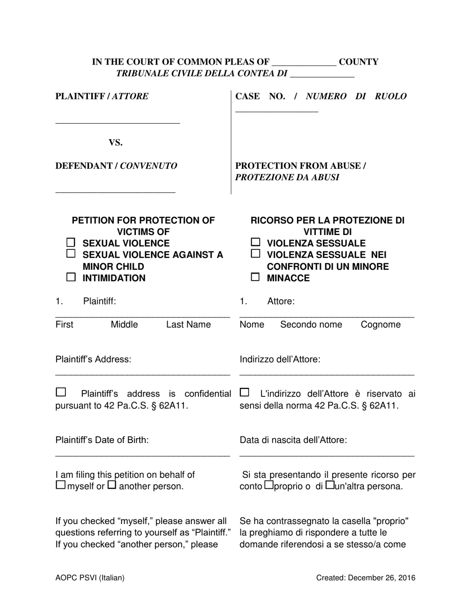 Petition for Protection of Victims - Pennsylvania (English / Italian), Page 1