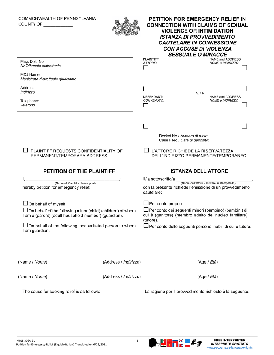 Form MDJS306A-BL Petition for Emergency Relief in Connection With Claims of Sexual Violence or Intimidation - Pennsylvania (English / Italian), Page 1