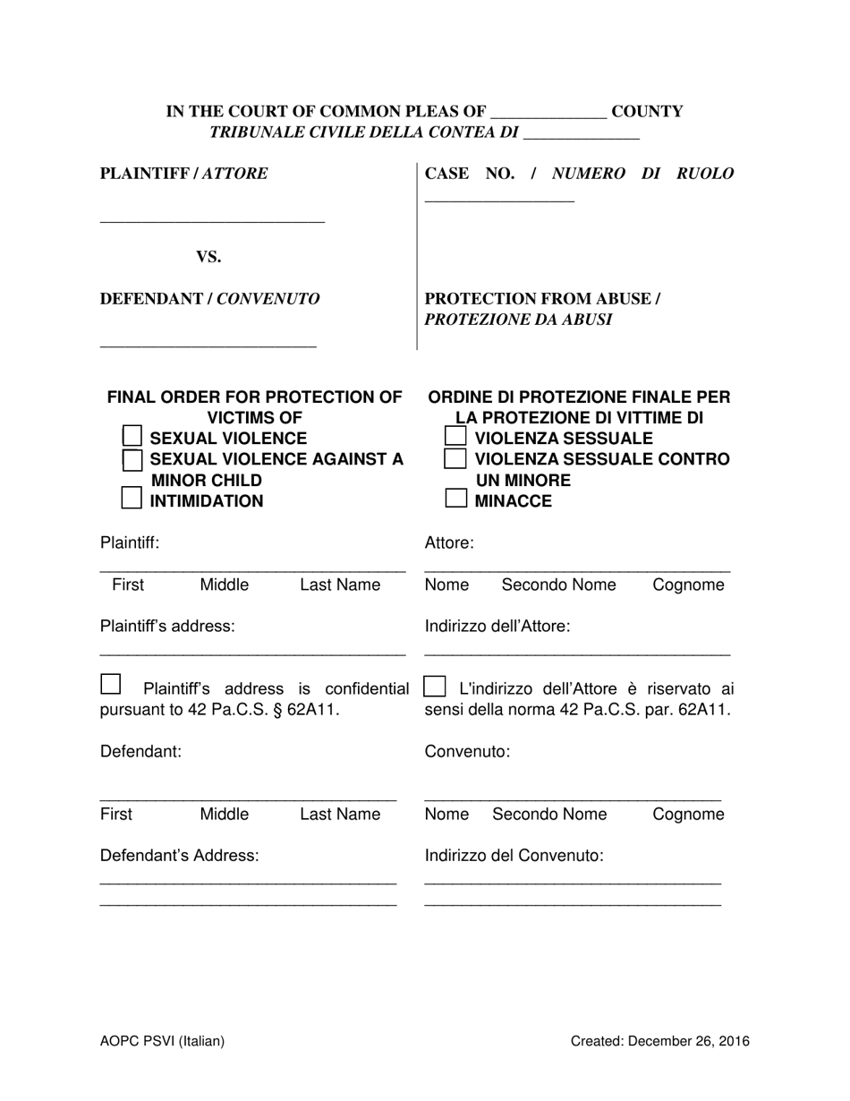Final Order for Protection of Victims - Pennsylvania (English / Italian), Page 1