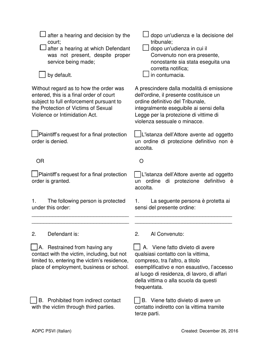 Final Order for Protection of Victims - Pennsylvania (English / Italian), Page 3