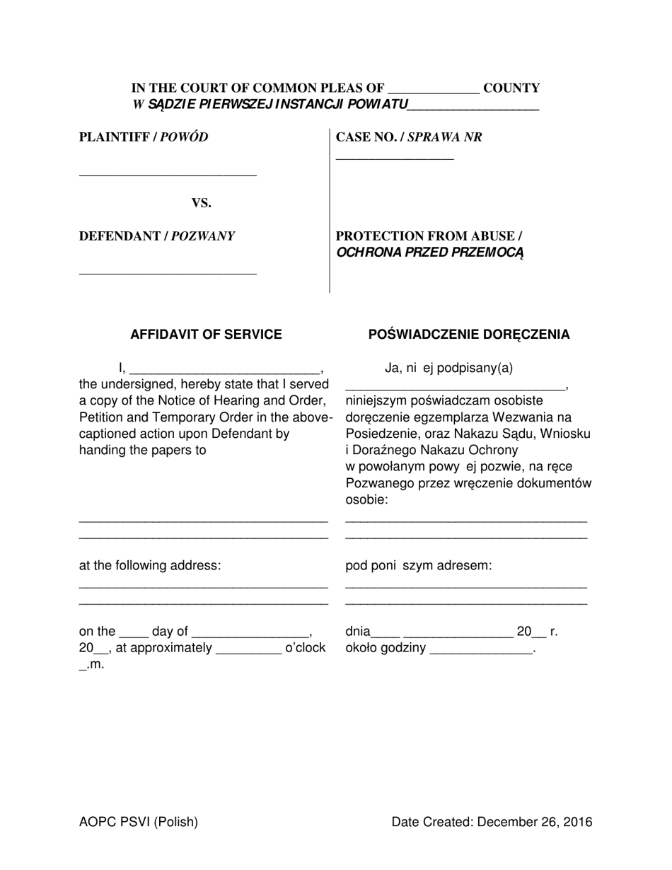 Affidavit of Service - Psvi - Pennsylvania (English / Polish), Page 1