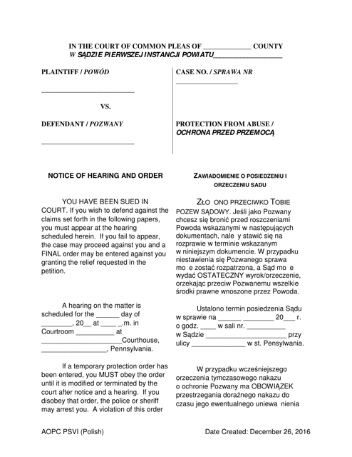 Notice of Hearing and Order - Protection From Violence or Sexual Intimidation (Psvi) - Pennsylvania (English / Polish) Download Pdf