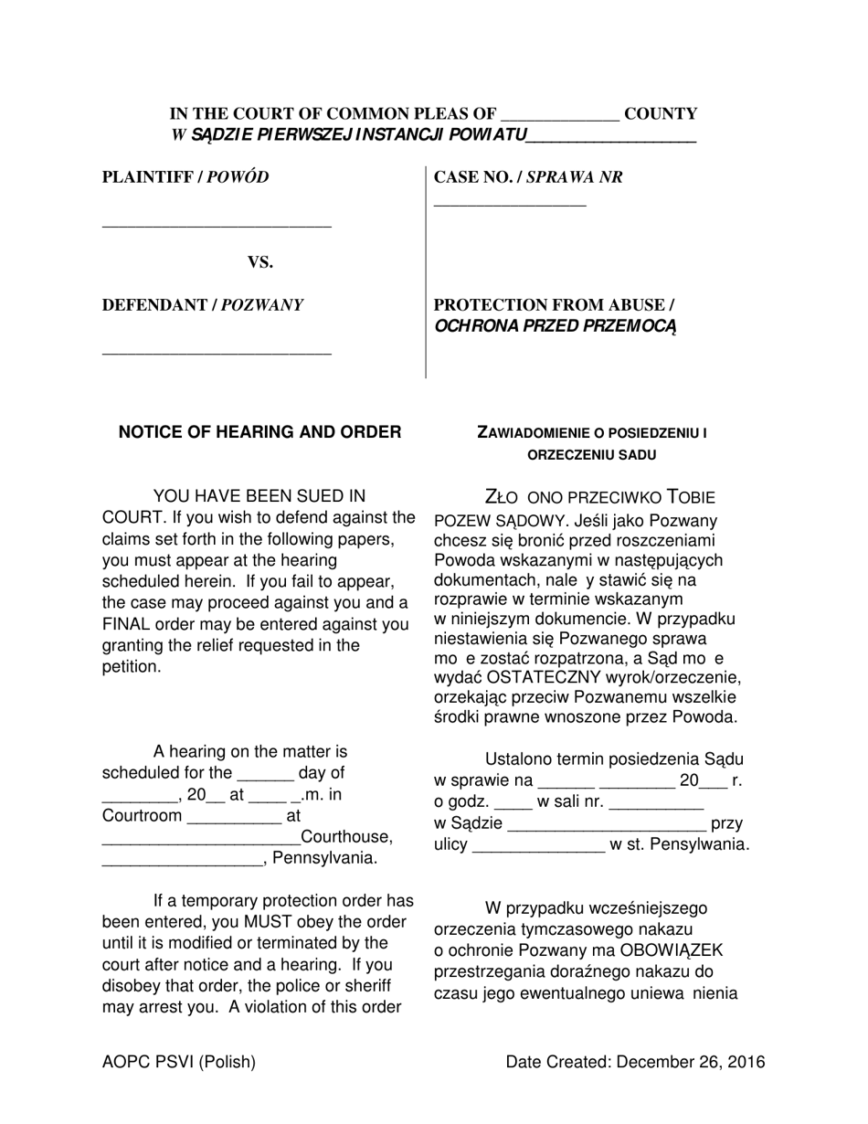 Notice of Hearing and Order - Protection From Violence or Sexual Intimidation (Psvi) - Pennsylvania (English / Polish), Page 1
