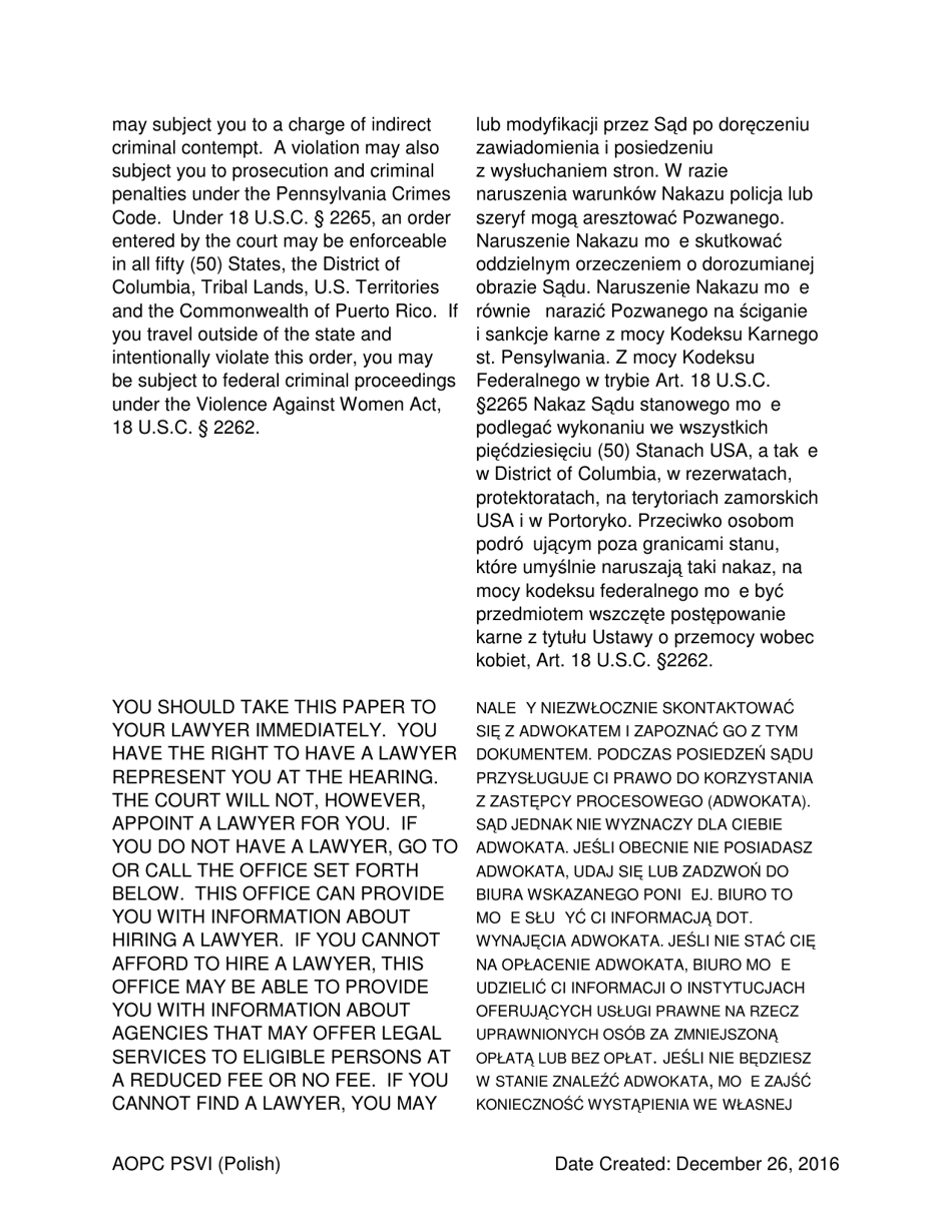 Notice of Hearing and Order - Protection From Violence or Sexual Intimidation (Psvi) - Pennsylvania (English / Polish), Page 2