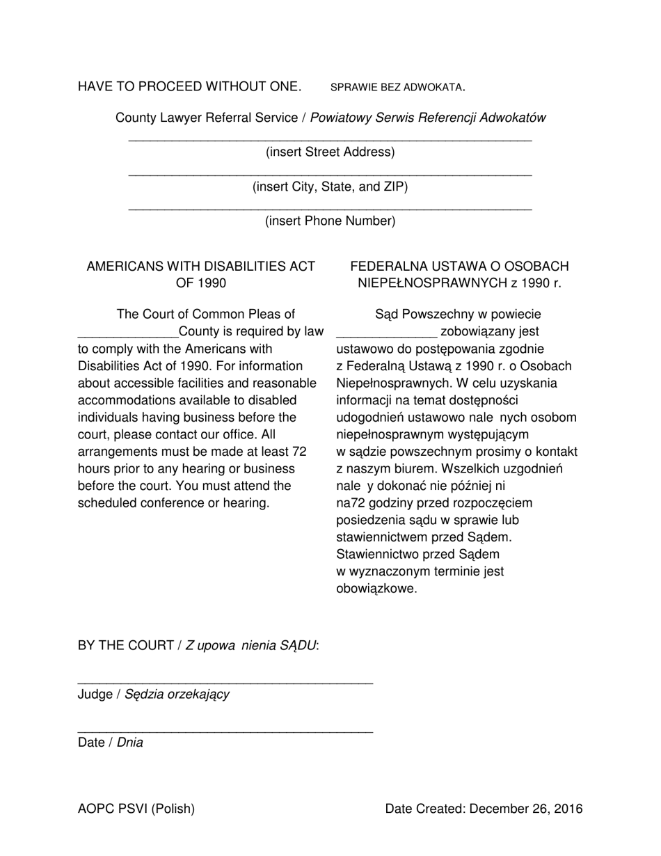 Notice of Hearing and Order - Protection From Violence or Sexual Intimidation (Psvi) - Pennsylvania (English / Polish), Page 3