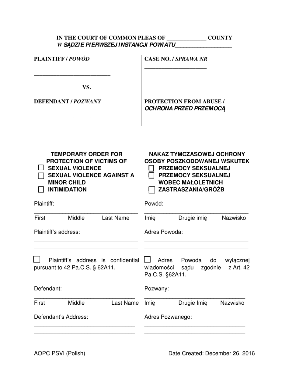 Temporary Order for Protection of Victims - Pennsylvania (English / Polish), Page 1