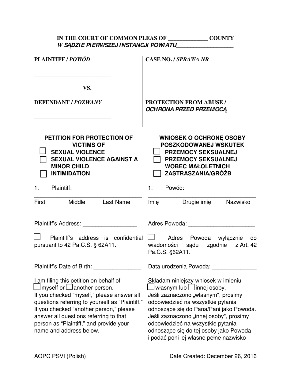 Petition for Protection of Victims - Pennsylvania (English / Polish), Page 1