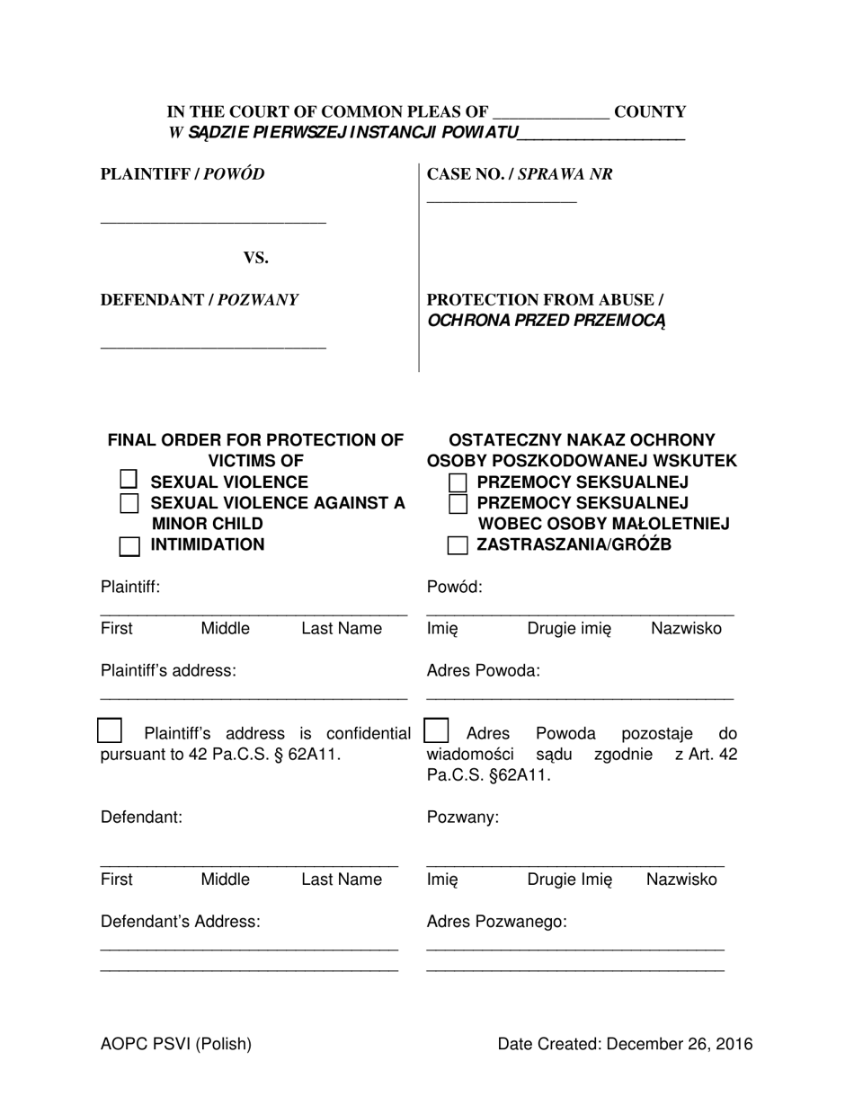 Final Order for Protection of Victims - Pennsylvania (English / Polish), Page 1