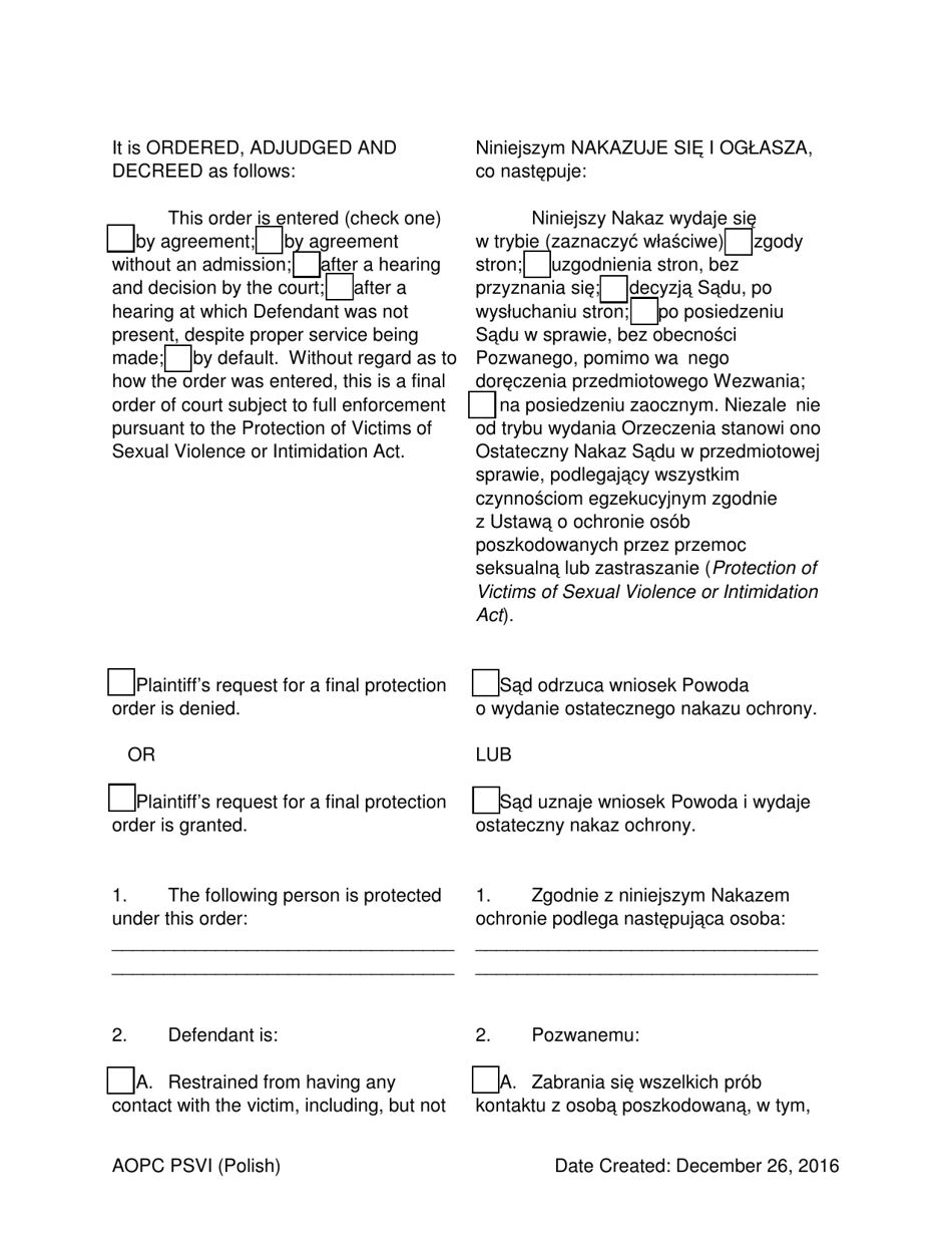 Final Order for Protection of Victims - Pennsylvania (English / Polish), Page 3