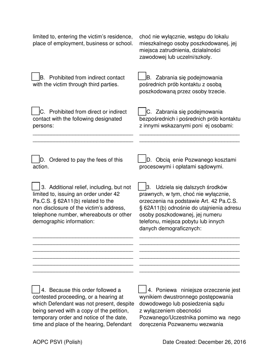 Final Order for Protection of Victims - Pennsylvania (English / Polish), Page 4