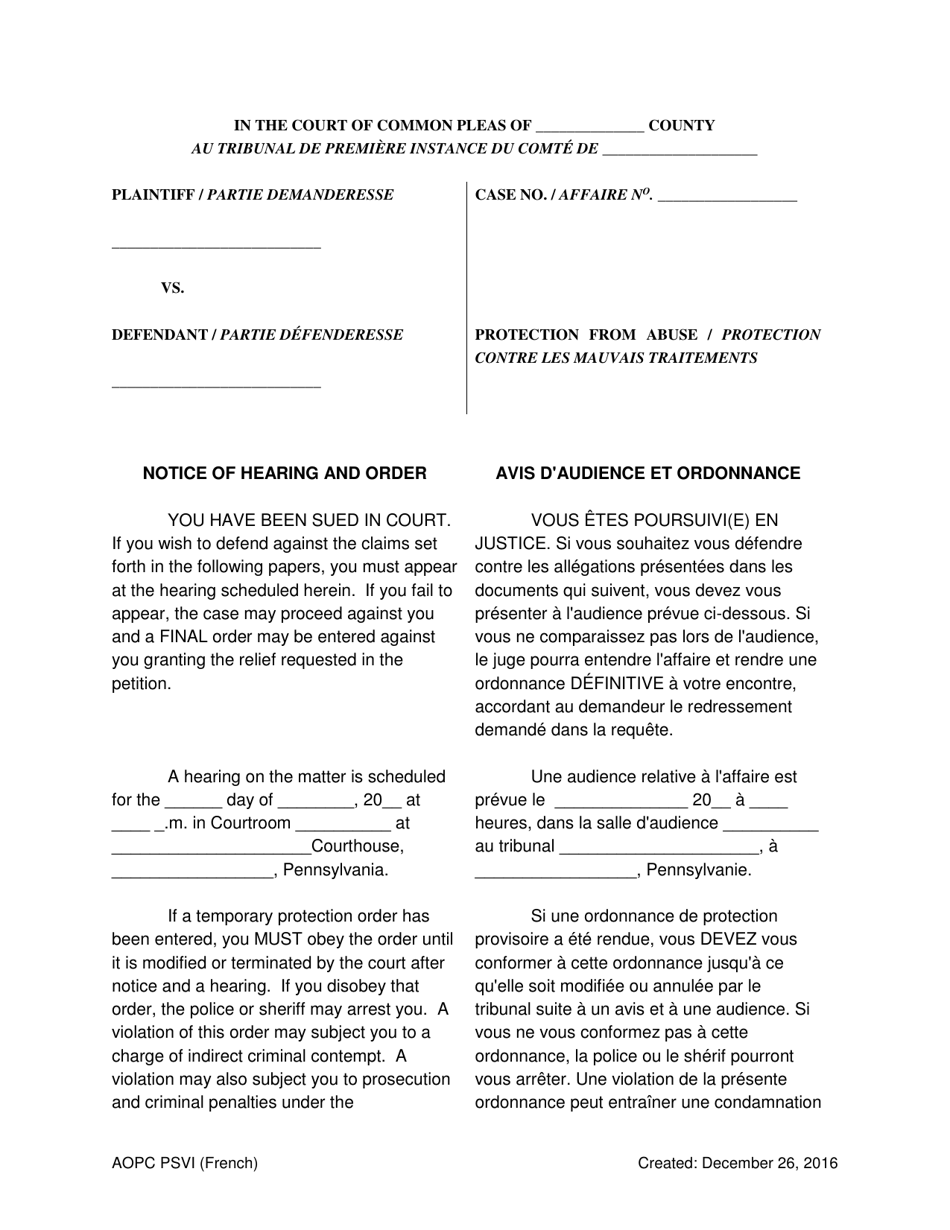 Notice of Hearing and Order - Pennsylvania (English / French), Page 1