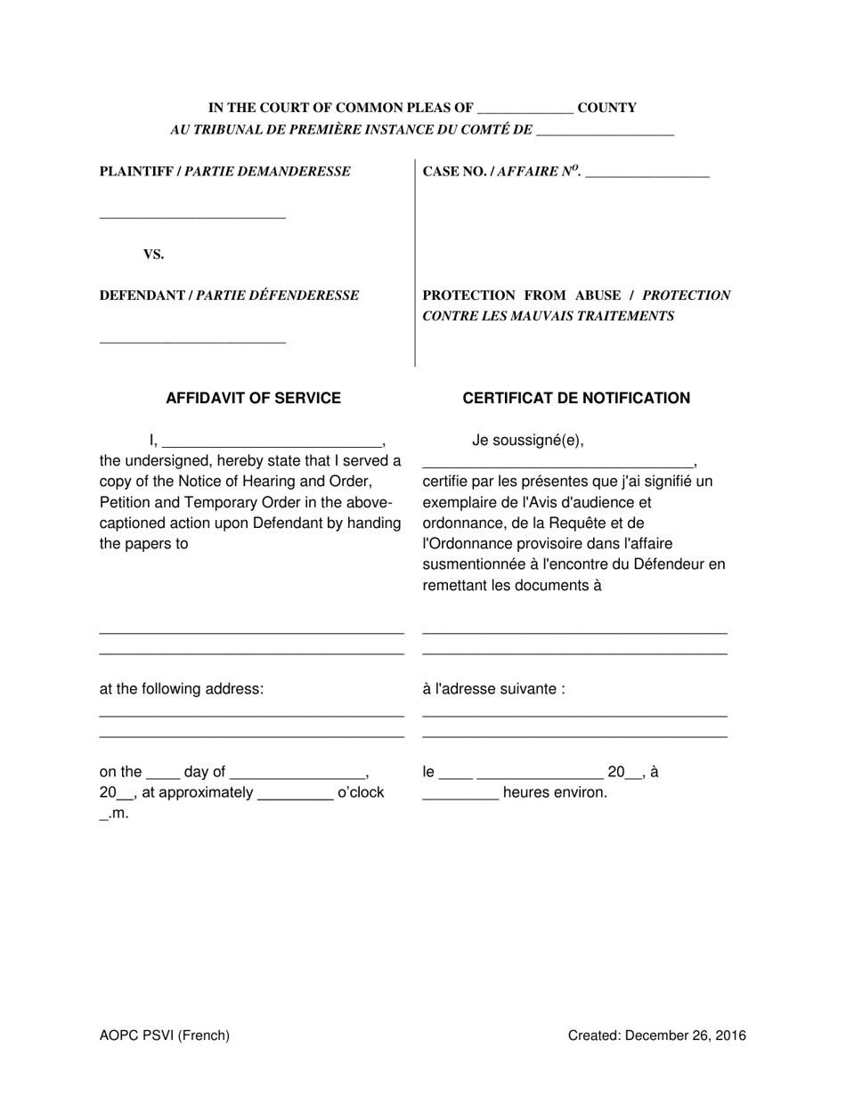 Affidavit of Service - Protection From Violence or Sexual Intimidation (Psvi) - Pennsylvania (English / French), Page 1