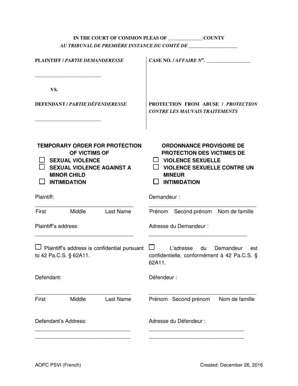 Temporary Order for Protection of Victims - Pennsylvania (English / French), Page 1