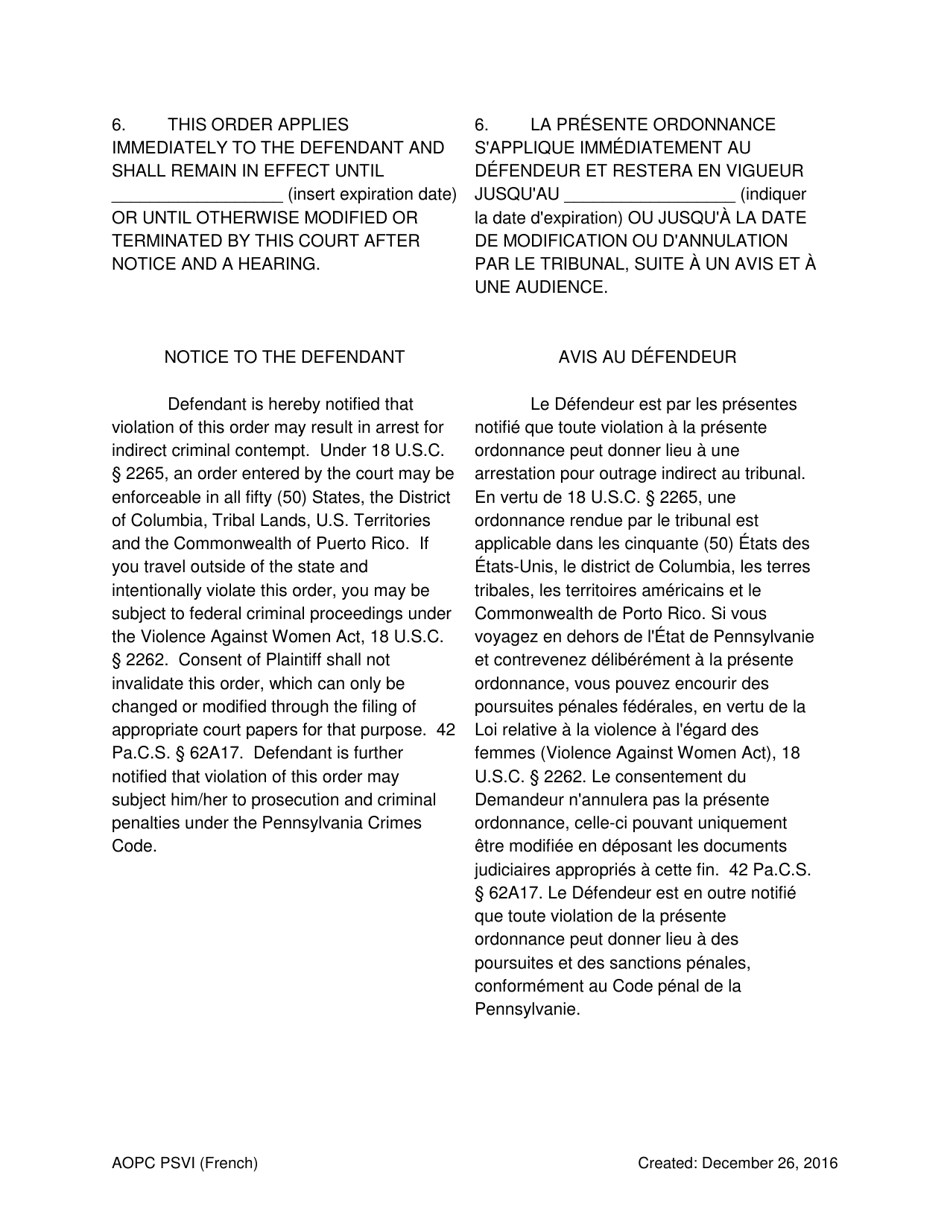 Temporary Order for Protection of Victims - Pennsylvania (English / French), Page 4