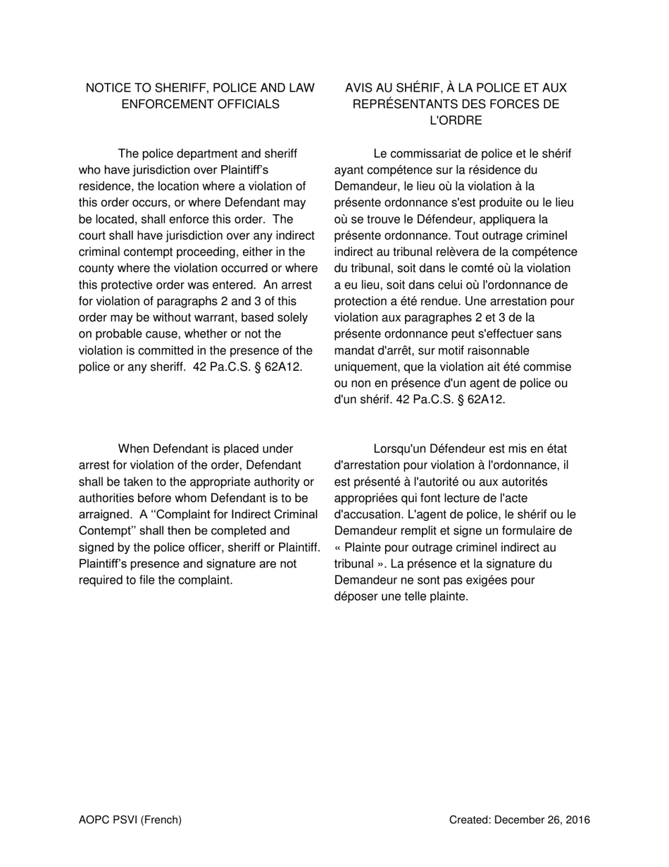 Temporary Order for Protection of Victims - Pennsylvania (English / French), Page 5