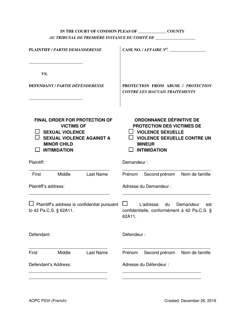 Final Order for Protection of Victims - Pennsylvania (English / French), Page 1