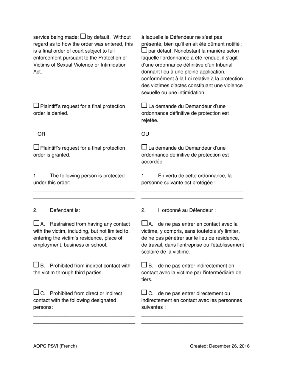 Final Order for Protection of Victims - Pennsylvania (English / French), Page 3