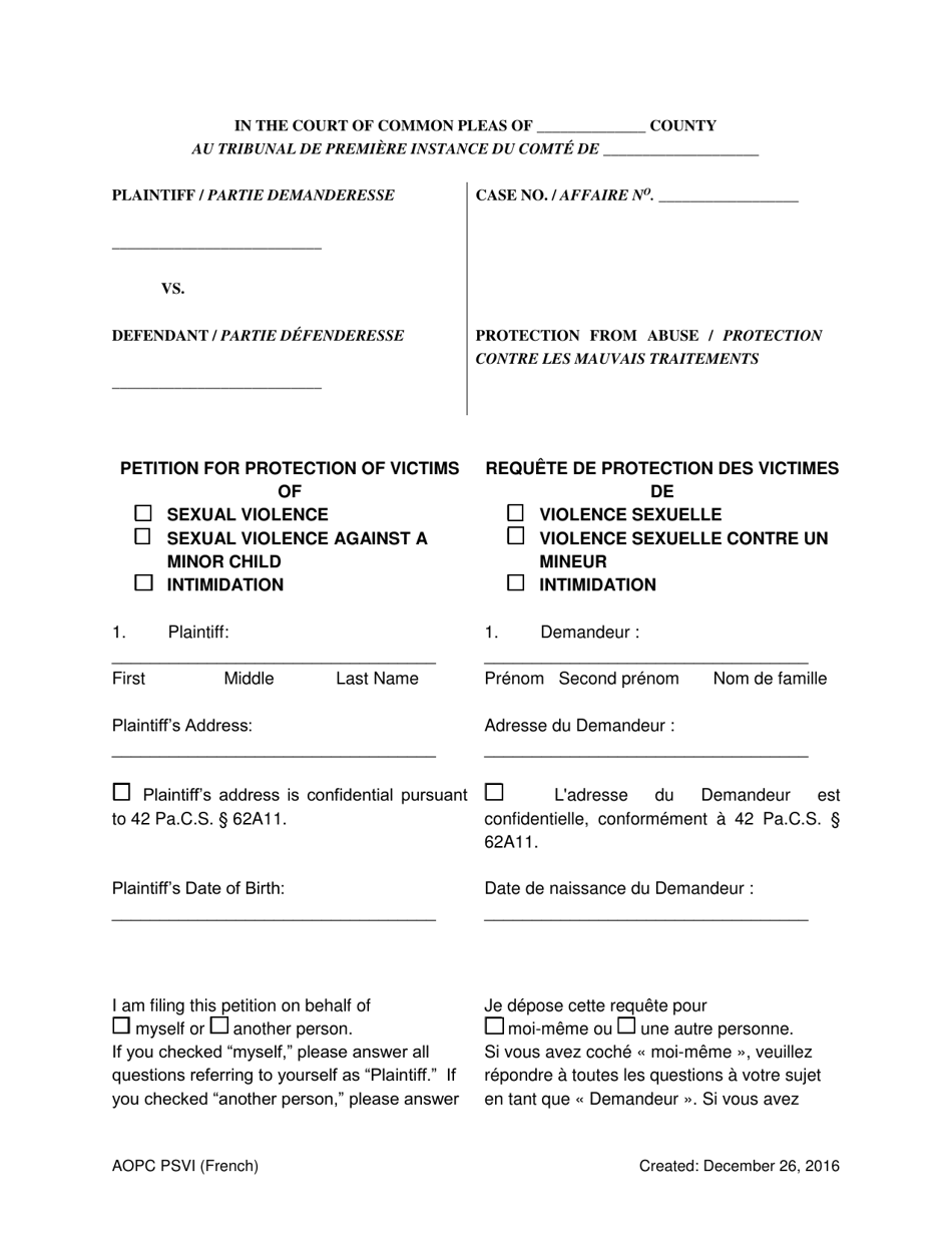 Petition for Protection of Victims of Sexual Violence / Sexual Violence Against a Minor Child / Intimidation - Pennsylvania (English / French), Page 1