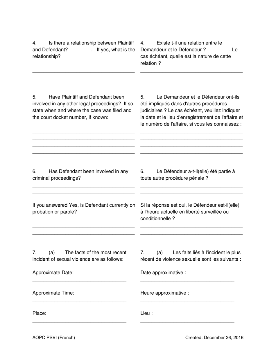 Petition for Protection of Victims of Sexual Violence / Sexual Violence Against a Minor Child / Intimidation - Pennsylvania (English / French), Page 3