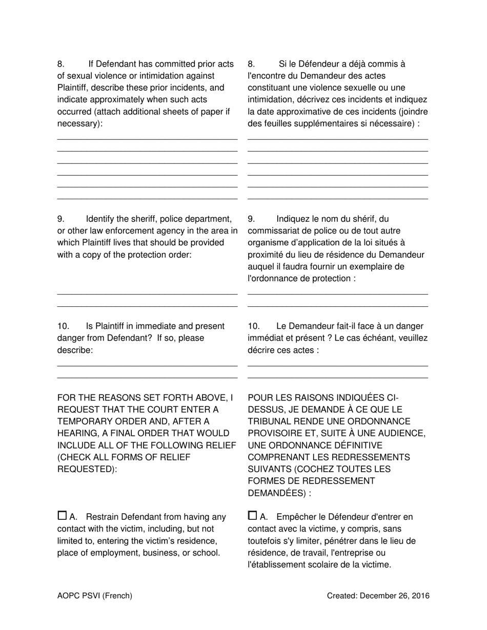 Petition for Protection of Victims of Sexual Violence / Sexual Violence Against a Minor Child / Intimidation - Pennsylvania (English / French), Page 5