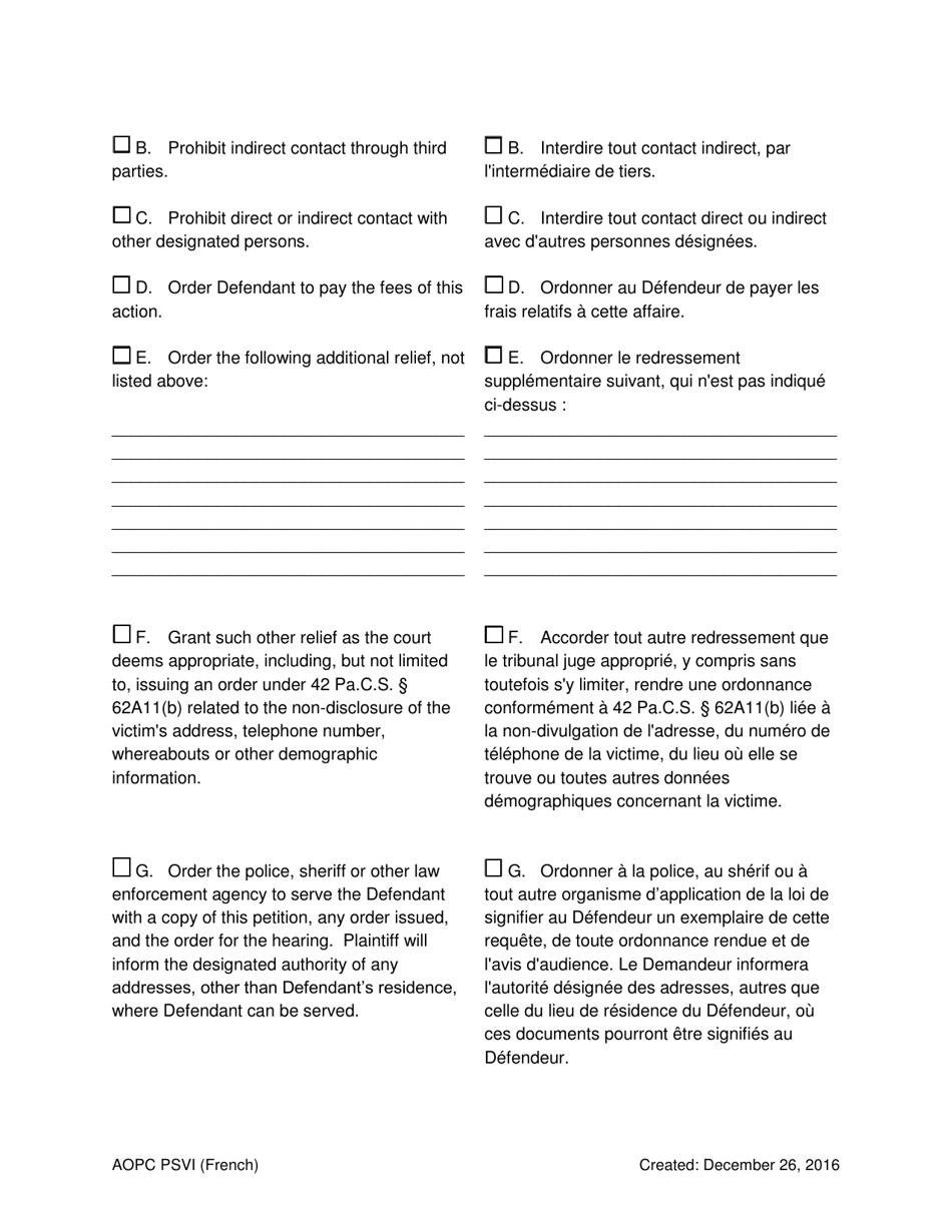 Petition for Protection of Victims of Sexual Violence / Sexual Violence Against a Minor Child / Intimidation - Pennsylvania (English / French), Page 6
