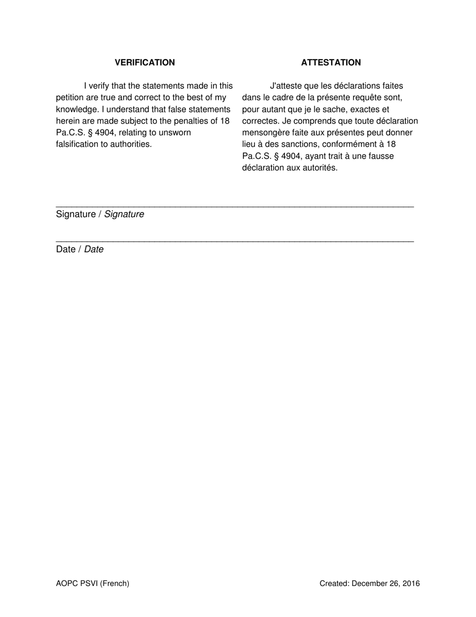 Petition for Protection of Victims of Sexual Violence / Sexual Violence Against a Minor Child / Intimidation - Pennsylvania (English / French), Page 7