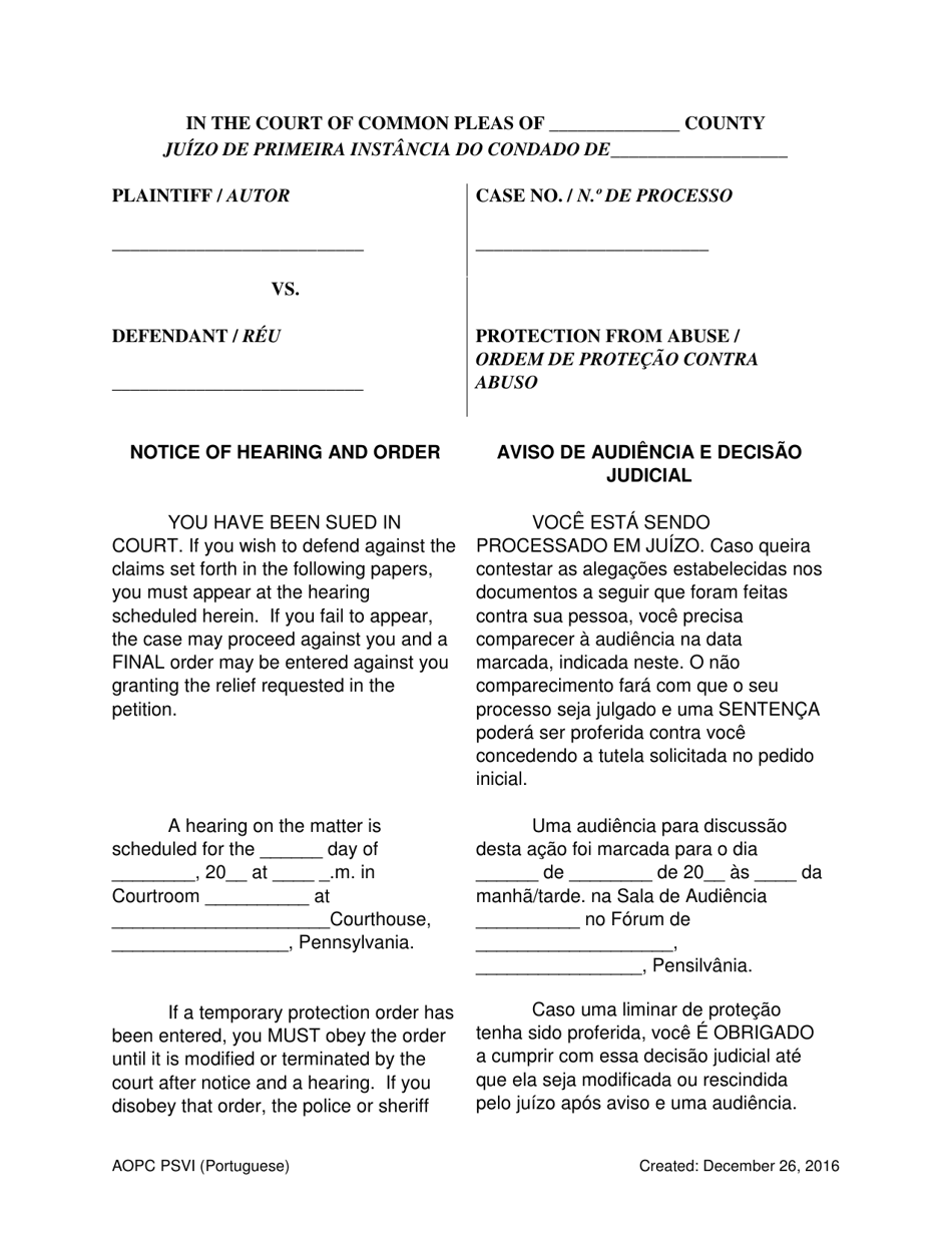 Notice of Hearing and Order - Pennsylvania (English / Portuguese), Page 1