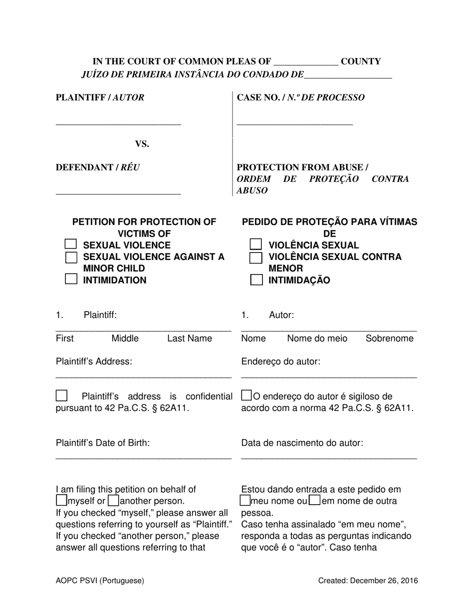 Petition for Protection of Victims - Pennsylvania (English / Portuguese), Page 1