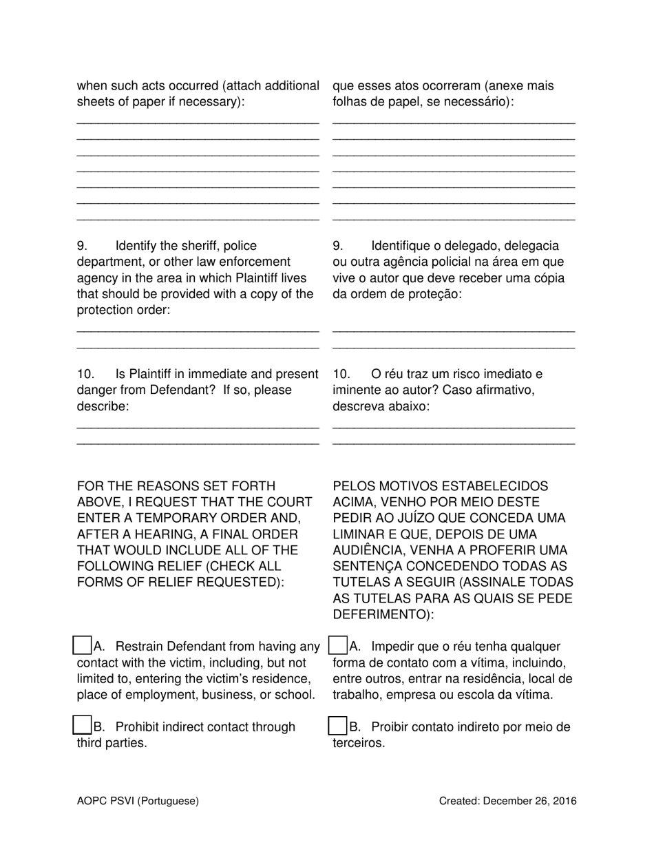 Petition for Protection of Victims - Pennsylvania (English / Portuguese), Page 5