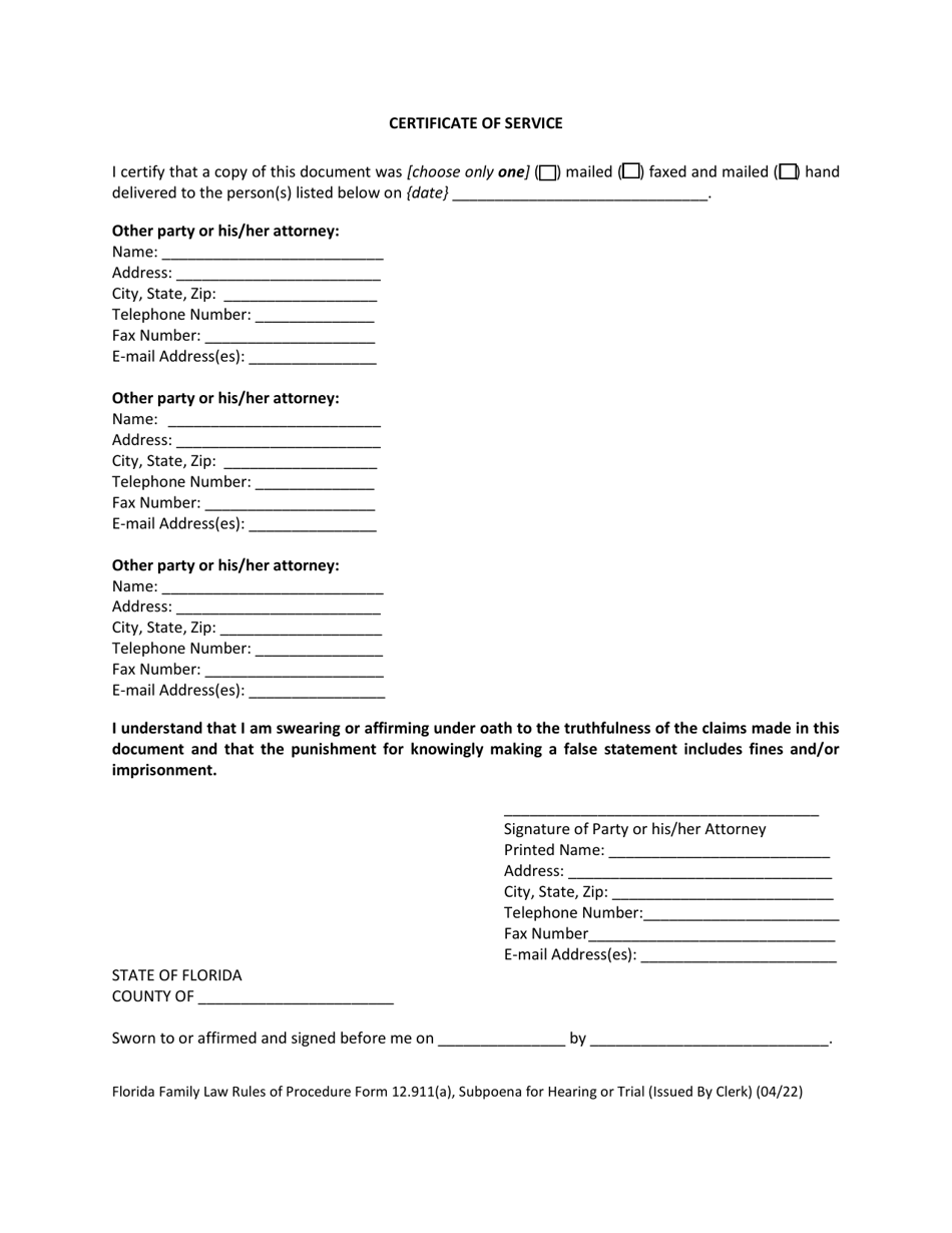 Form 12.911(A) Subpoena for Hearing or Trial (Issued by Clerk) - Florida, Page 3