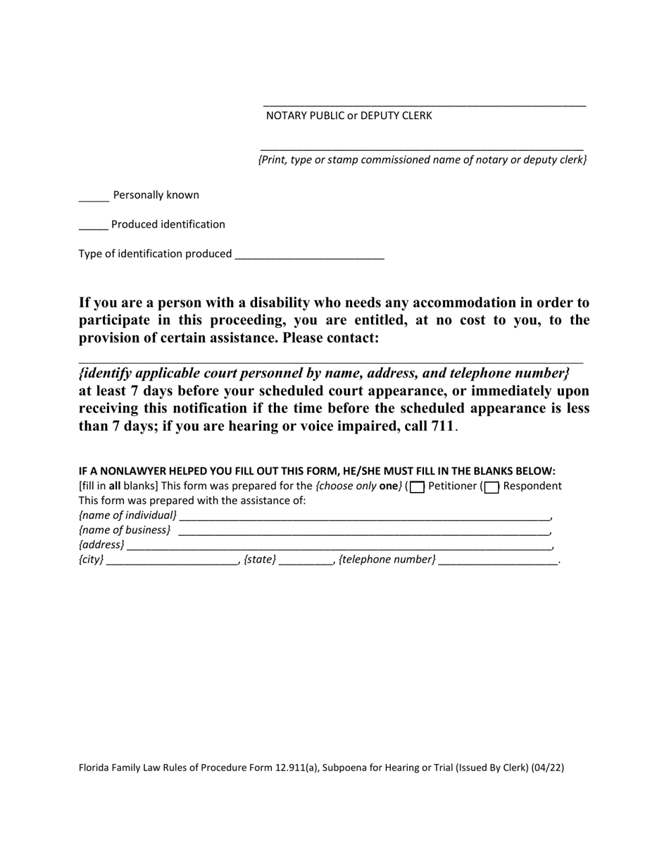 Form 12.911(A) Subpoena for Hearing or Trial (Issued by Clerk) - Florida, Page 4
