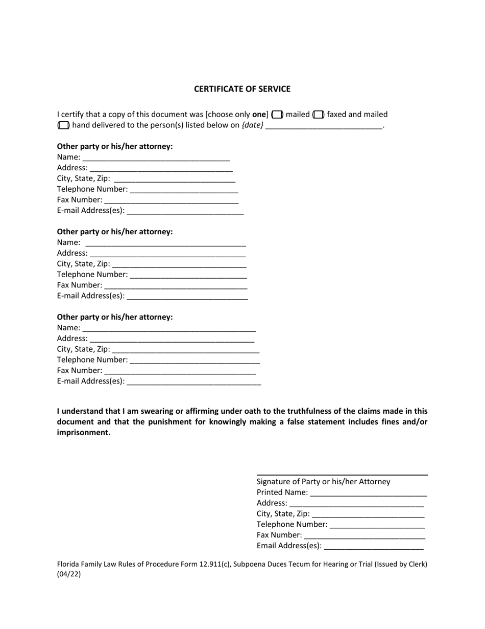 Form 12.911(C) Subpoena Duces Tecum for Hearing or Trial (Issued by Clerk) - Florida, Page 3