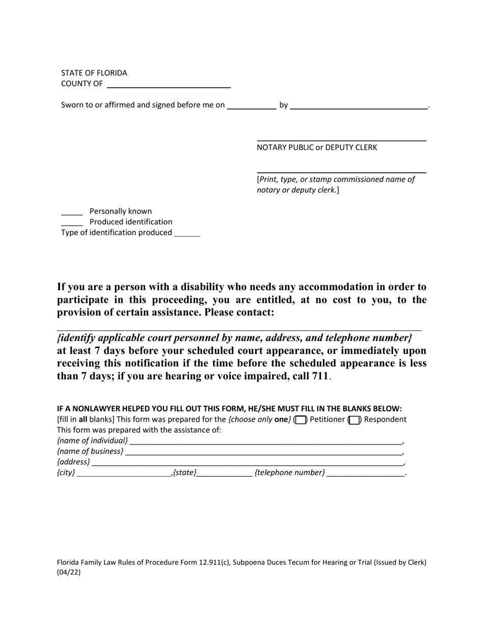 Form 12.911(C) Subpoena Duces Tecum for Hearing or Trial (Issued by Clerk) - Florida, Page 4