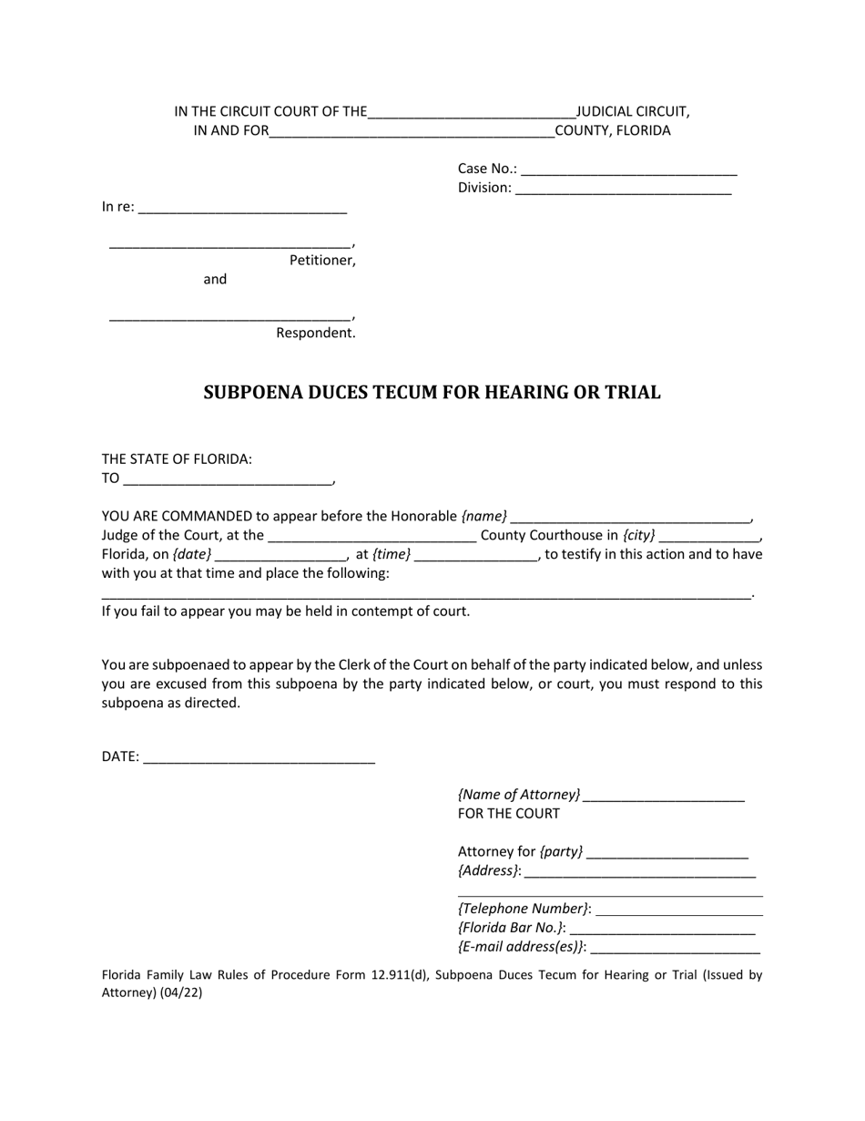 Form 12.911(D) Subpoena Duces Tecum for Hearing or Trial (Issued by Attorney) - Florida, Page 2