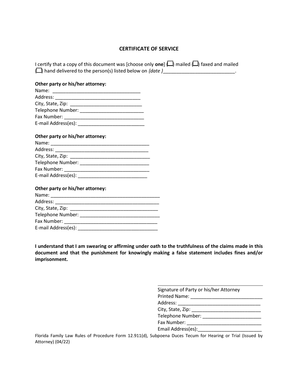 Form 12.911(D) Subpoena Duces Tecum for Hearing or Trial (Issued by Attorney) - Florida, Page 3