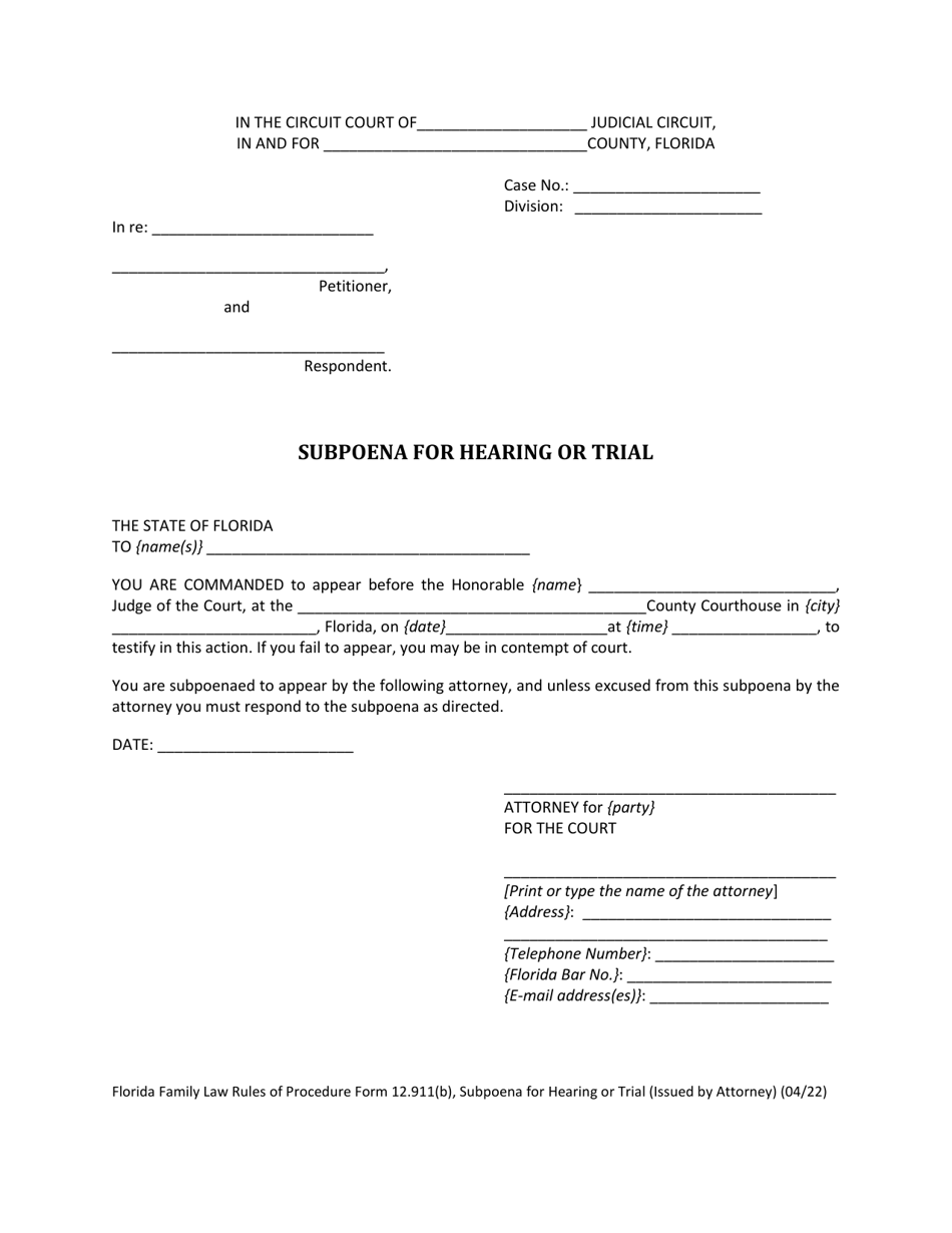 Form 12.911(B) Subpoena for Hearing or Trial (Issued by Attorney) - Florida, Page 2