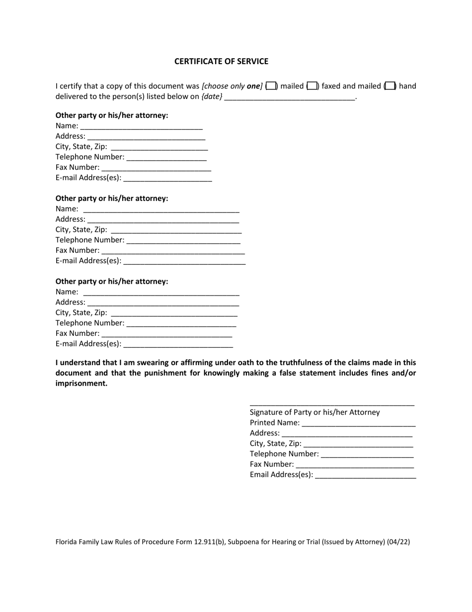 Form 12.911(B) Subpoena for Hearing or Trial (Issued by Attorney) - Florida, Page 3