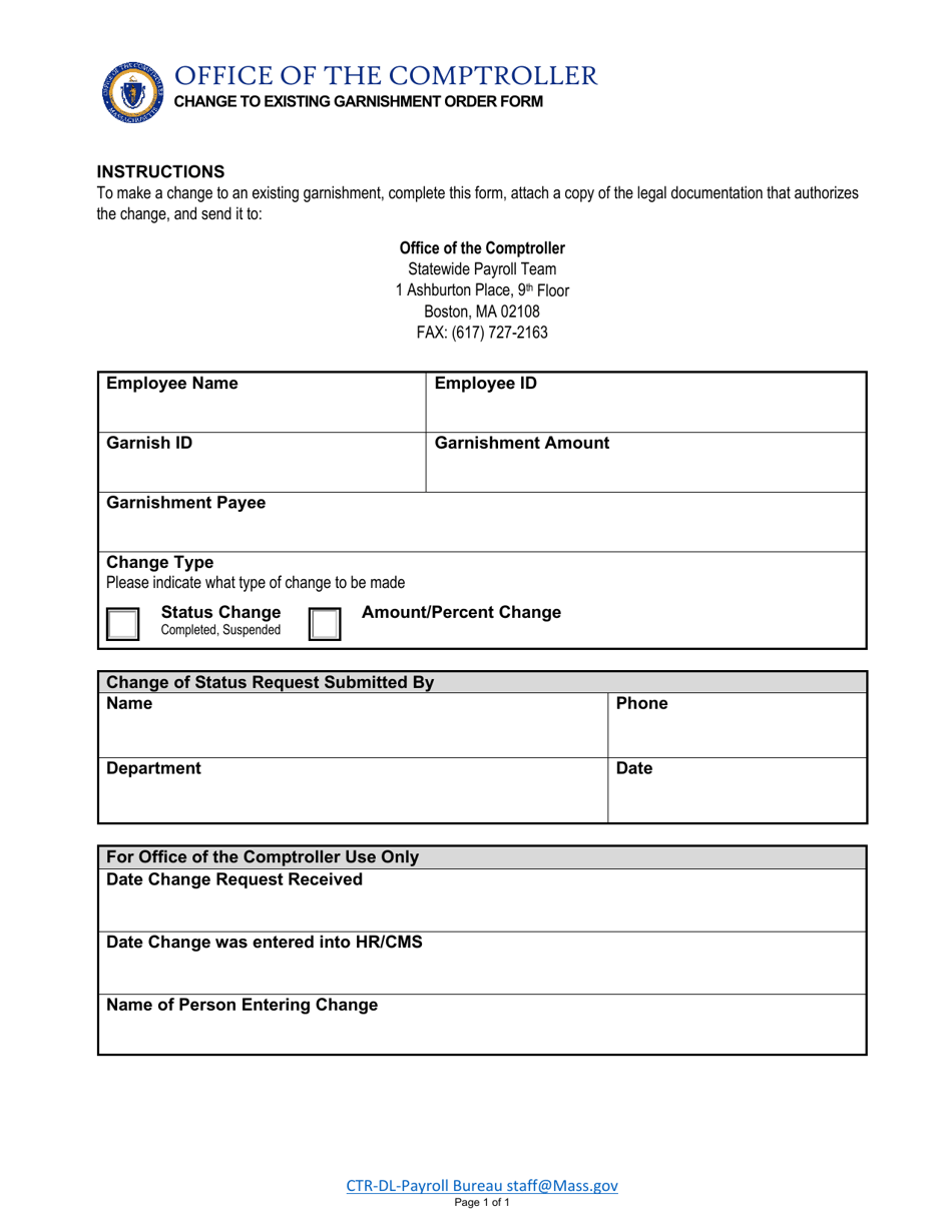 Change to Existing Garnishment Order Form - Massachusetts, Page 1