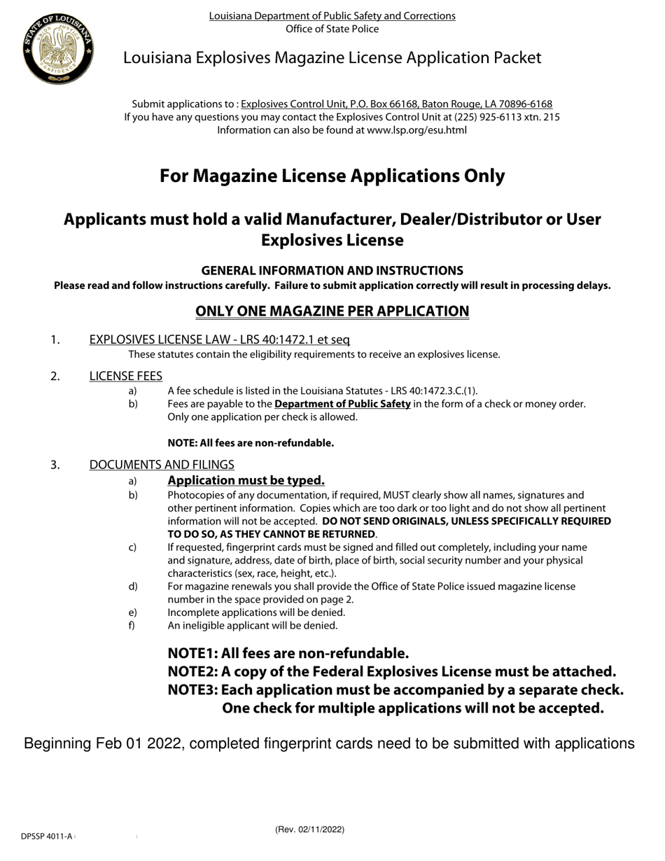 Form DPSSP4011-A Explosives Magazine License Application - Louisiana, Page 1