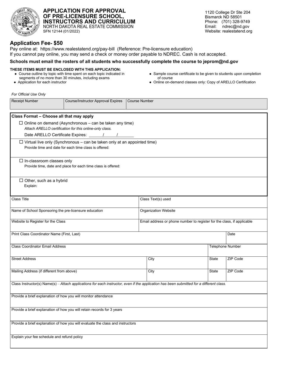 Form SFN12144 Application for Approval of School, Instructors and Curriculum - North Dakota, Page 1