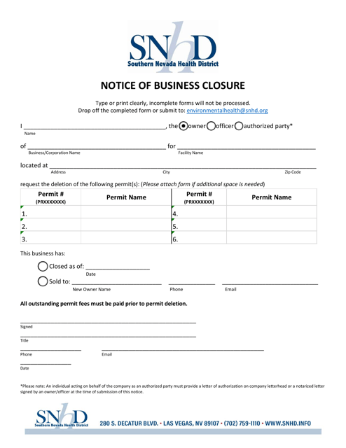 Notice of Business Closure - Nevada