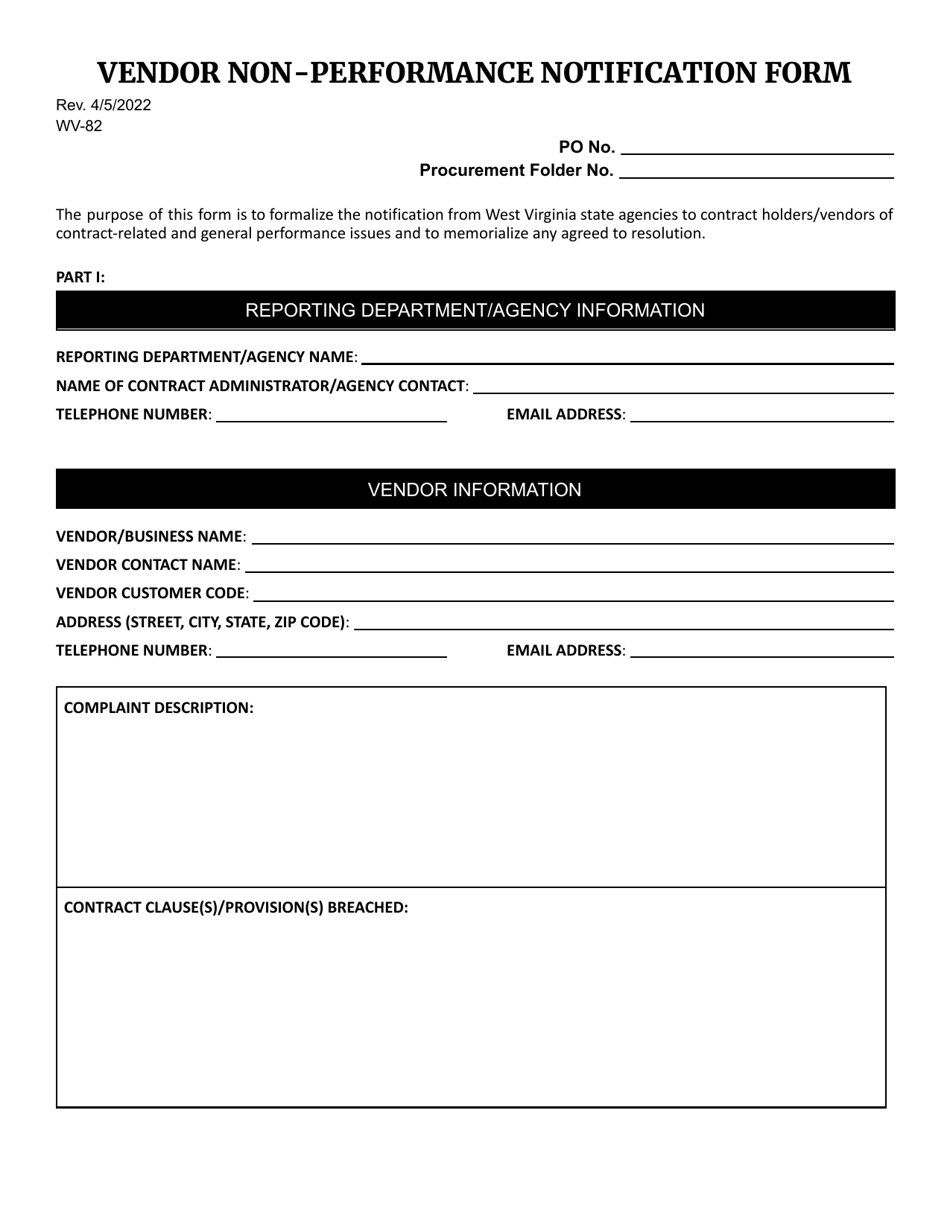 Form WV-82 Vendor Non-performance Notification Form - West Virginia, Page 1
