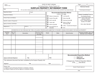 Document preview: Form WV-103 Surplus Property Retirement Form - West Virginia